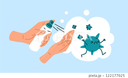 Hands disinfection. Fight against bacteria and viral germs. Protective cleaning spray. Virus prevention. Pandemic hygiene. Health care. Arms antiseptic dispenser. Garish vector concept 122177025