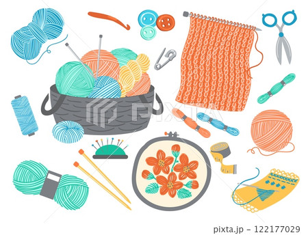Knitting elements. Sewing and embroidery accessories. Woolen thread skein. Handcraft floss bobbin and scissors. Basket with yarn balls and tailor needles. Splendid needlework vector set 122177029