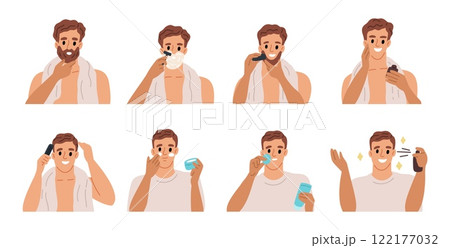 Men facial hygiene. Funny guy takes care of skin. Face wash. Daily beauty procedure. Male shaving process. Apply moisturizing cream. Healthy lifestyle. Self love routine. Garish vector set 122177032