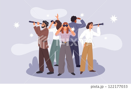 Office staff group stares into distance. Search goal. Business people with binoculars. Employees team looking through telescopes into future. Spyglass explore. Garish vector concept 122177033