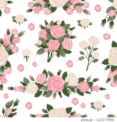 Roses seamless pattern. Repeated floral elements. Delicate flowers. Pink buds. White blooming plants. Romantic bouquet. Wallpaper print. Valentine blossoms. Recent vector background 122177040