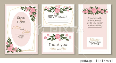 Roses wedding invitations. Delicate and elegant floral design. Bridal celebration. Marriage ceremony banners template. Pink flowers decoration. Bride and groom party. Recent vector set Roses wedding invitations. Delicate and elegant floral design. Bridal celebration. Marriage ceremony banners template. Pink flowers decoration. Bride and groom party. Recent vector set 122177041
