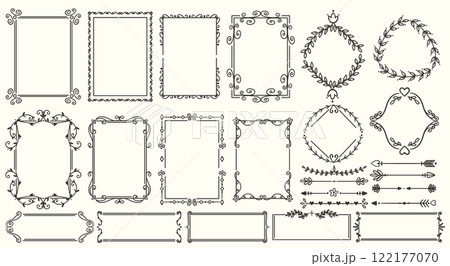 Vintage frames. Elegant retro borders. Old books design elements. Invitational cards decorations. Floral twisted lines. Botanical graphic flourish. Hand drawn arrows. Recent vector set Vintage frames. Elegant retro borders. Old books design elements. Invitational cards decorations. Floral twisted lines. Botanical graphic flourish. Hand drawn arrows. Recent vector set 122177070