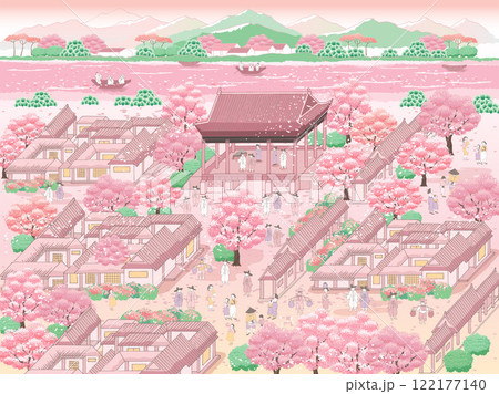 Traditional Korean Village in Full Bloom: Vector Illustration of Cherry Blossom Season Traditional Korean Village in Full Bloom: Vector Illustration of Cherry Blossom Season 122177140