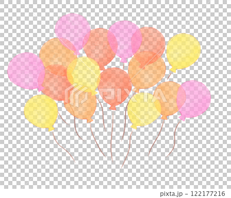 Balloons floating in the sky watercolor pink yellow orange illustration material 122177216