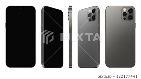 smartphone frameless grey color with black screen saver front and backside view isolated on white background. mockup of realistic new mobile phone with shadow. vector 3d isometric illustration smartphone frameless grey color with black screen saver front and backside view isolated on white background. mockup of realistic new mobile phone with shadow. vector 3d isometric illustration 122177441