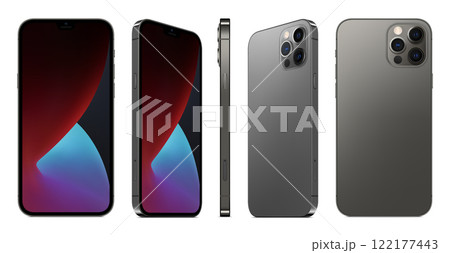smartphone frameless grey color with colored screen saver front and backside view isolated on white background. mockup of realistic new mobile phone with shadow. vector 3d isometric illustration smartphone frameless grey color with colored screen saver front and backside view isolated on white background. mockup of realistic new mobile phone with shadow. vector 3d isometric illustration 122177443
