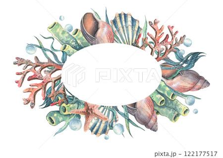 Corals, sea sponges, seaweed, shells, starfish and bubbles. Hand drawn watercolor illustration on the theme of sea animals and the underwater world. Oval wreath, frame, template for text. Corals, sea sponges, seaweed, shells, starfish and bubbles. Hand drawn watercolor illustration on the theme of sea animals and the underwater world. Oval wreath, frame, template for text. 122177517
