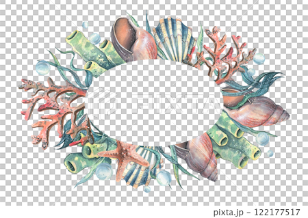 Corals, sea sponges, seaweed, shells, starfish and bubbles. Hand drawn watercolor illustration on the theme of sea animals and the underwater world. Oval wreath, frame, template for text. 122177517