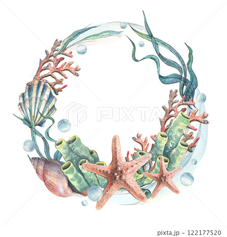 Corals, sea sponges, seaweed, shells, starfish and bubbles. Hand drawn watercolor illustration on the theme of sea animals and the underwater world. Round wreath, frame, template for text. 122177520