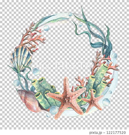 Corals, sea sponges, seaweed, shells, starfish and bubbles. Hand drawn watercolor illustration on the theme of sea animals and the underwater world. Round wreath, frame, template for text. 122177520