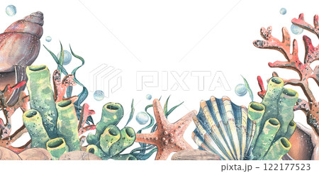 Corals, sea sponges, seaweed, shells, starfish and bubbles. Hand drawn watercolor illustration on the theme of sea animals and the underwater world. Horizontal rectangular frame, template for text. 122177523