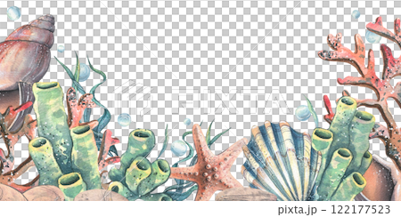 Corals, sea sponges, seaweed, shells, starfish and bubbles. Hand drawn watercolor illustration on the theme of sea animals and the underwater world. Horizontal rectangular frame, template for text. 122177523