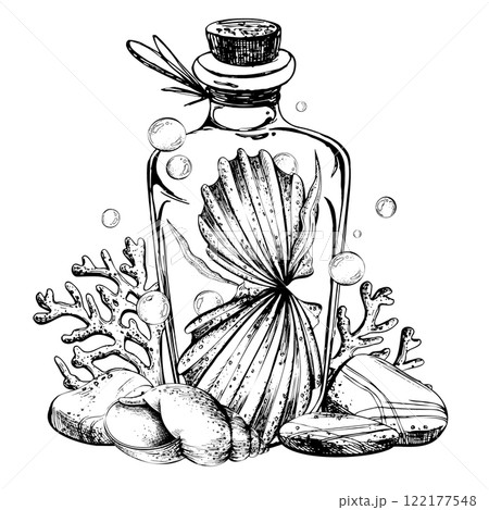 Seashells, sea sponges, corals, pebbles and bubbles inside a glass bottle with a stopper. Hand drawn graphic illustration in black and white color line art. Sublimation arrangement on marine theme 122177548