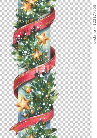 Garland decoration Christmas, New Year with green fir tree branches, red twisting ribbons, golden stars and snow. Watercolor hand drawn illustration. Seamless vertical border isolated from background Garland decoration Christmas, New Year with green fir tree branches, red twisting ribbons, golden stars and snow. Watercolor hand drawn illustration. Seamless vertical border isolated from background 122177558