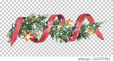 Garland decoration Christmas, New Year with green fir tree branches, red twisting ribbons, golden stars and snow. Watercolor hand-drawn illustration. Beautiful composition isolated from the background 122177561