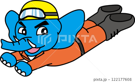 オレンジ色の作業着を着てヘルメットとゴーグルを装着したゾウが飛んでいるイラスト オレンジ色の作業着を着てヘルメットとゴーグルを装着したゾウが飛んでいるイラスト 122177608