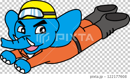 An illustration of an elephant wearing orange work clothes, a helmet and goggles flying 122177608