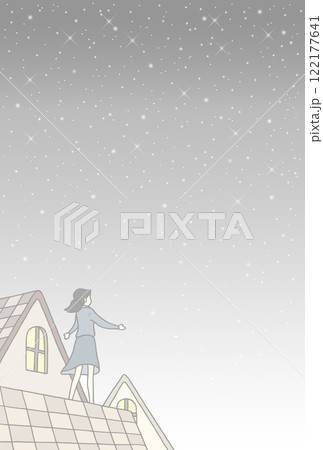 ポストカード・メッセージカード用イラスト - 夜空・夜景・屋根・少女・星空・星夜 122177641