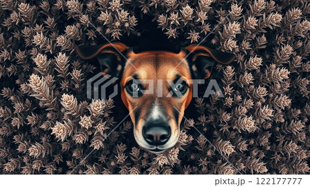 a dog's head peeks out of a bush 122177777