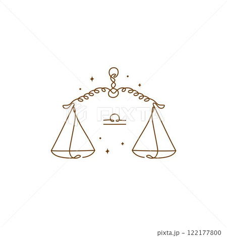 Continuous line drawing of astrological Libra zodiac sign. Line art symbol and icon of esoteric zodiacal horoscope. Minimalist black linear sketch isolated on white background. Continuous line drawing of astrological Libra zodiac sign. Line art symbol and icon of esoteric zodiacal horoscope. Minimalist black linear sketch isolated on white background. 122177800