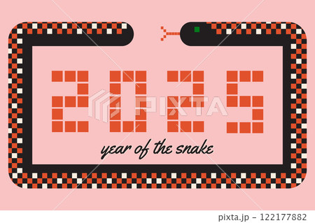 2025 year of the snake cool design for chinese new year celebration. Decorative template with snake and space for text in pixel style. 2025 year of the snake cool design for chinese new year celebration. Decorative template with snake and space for text in pixel style. 122177882