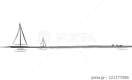 Single continuous one line art ocean travel vacation. Sea voyage holiday tropical island ship yacht luxury journey concept design sketch outline drawing vector illustration Single continuous one line art ocean travel vacation. Sea voyage holiday tropical island ship yacht luxury journey concept design sketch outline drawing vector illustration 122177890