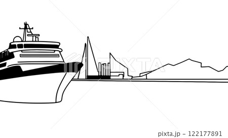 Single continuous one line art ocean travel vacation. Sea voyage holiday tropical island ship liner cruise journey concept design sketch outline drawing vector illustration 122177891