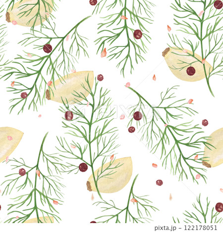 Garlic clove, dill, pepper, salt watercolor seamless pattern isolated on white background, hand drawn for food design. Spice box, restaurant menu, packaging, cards, food ads, labels decor and design Garlic clove, dill, pepper, salt watercolor seamless pattern isolated on white background, hand drawn for food design. Spice box, restaurant menu, packaging, cards, food ads, labels decor and design 122178051