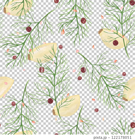 Garlic clove, dill, pepper, salt watercolor seamless pattern isolated on white background, hand drawn for food design. Spice box, restaurant menu, packaging, cards, food ads, labels decor and design Garlic clove, dill, pepper, salt watercolor seamless pattern isolated on white background, hand drawn for food design. Spice box, restaurant menu, packaging, cards, food ads, labels decor and design 122178051