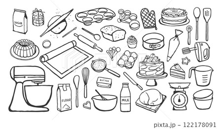 Set of hand drawn various baking tools and ingredients isolated on white background 122178091