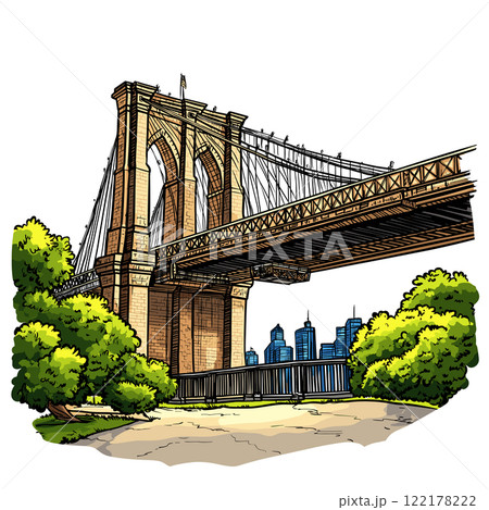 Brooklyn bridge in New York. Vector comic hand-drawn illustration of Brooklyn bridge 122178222