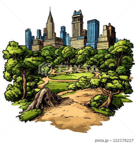 Central park in New York. Vector comic hand-drawn illustration of Central park 122178227