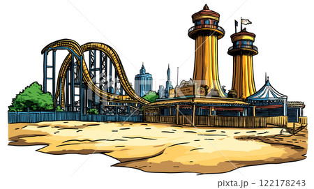 Coney Island in New York. Vector comic hand-drawn illustration of Coney Island 122178243