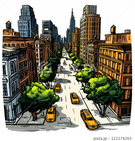 Fifth Avenue in New York. Vector comic hand-drawn illustration of 5th Avenue 122178263
