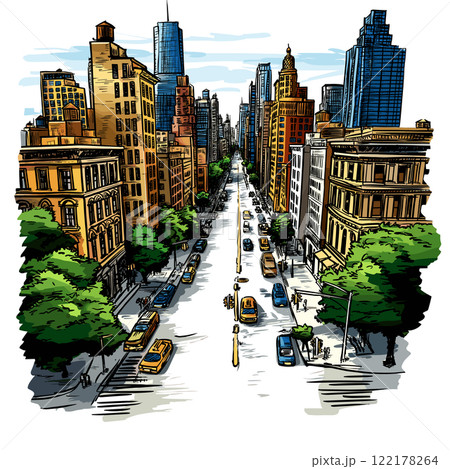 Fifth Avenue in New York. Vector comic hand-drawn illustration of 5th Avenue 122178264