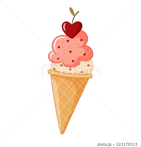Ice cream in waffle cone with cherry doodle style. Hand drawn Trendy flat style sweet food 122178313