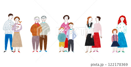 手描きイラスト 様々な世代の世代家族のセット 手描きイラスト 様々な世代の世代家族のセット 122178369