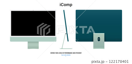 computer monitor green color with black screen saver front, back and side view isolated on white background. realistic and detailed mockup of display for system unit. stock vector illustration 122178401