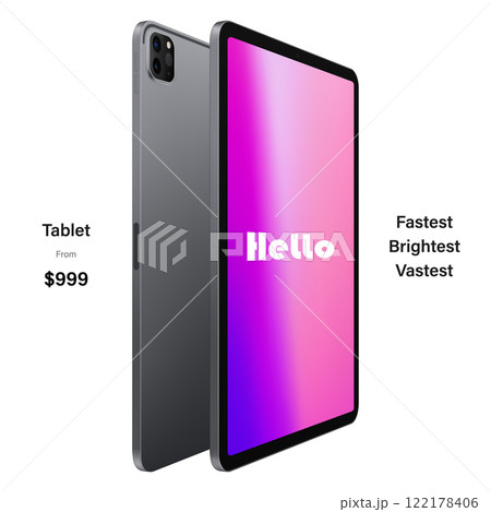 tablet gray color with colored touch screen saver and backside view isolated on white background. mockup of realistic and detailed device. vector 3d isometric illustration 122178406