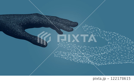 A symbolic image depicting a human hand and an AI-powered network hand reaching out to connect, showcasing the union of humanity and advanced technology in a futuristic digital world. 3d rendering 122178615