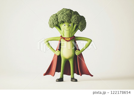 Cheerful broccoli superhero with a red cape, hands on hips, smiling face, and cartoon style  122178654