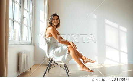 Woman in White Dress Sitting in a White Chair 122178979