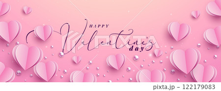 Happy Valentine's Day Banner Design with Heart and Typography Letter on Light Pink Background. Vector Wedding and Romantic Love Valentine Theme Illustration for Flyer, Greeting Card, Holiday Poster or Happy Valentine's Day Banner Design with Heart and Typography Letter on Light Pink Background. Vector Wedding and Romantic Love Valentine Theme Illustration for Flyer, Greeting Card, Holiday Poster or 122179083