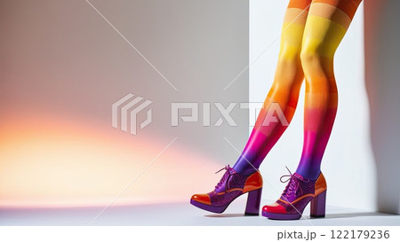 woman's legs in multi-colored tights and shoes 122179236