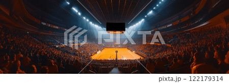 Wide angle view of basketball arena with large crowd filling stands, with vibrant orange lighting. Game on 122179314