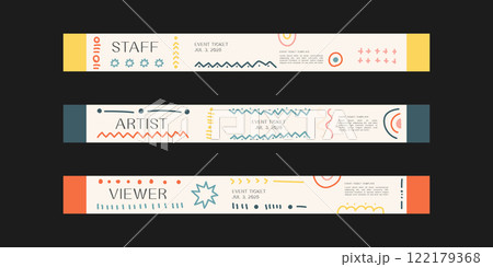 Event wristband. Customizable event wristband template. Design for festival, concert, party, and corporate events. Features a clean, modern layout with vibrant colors and space for logos or text.  122179368