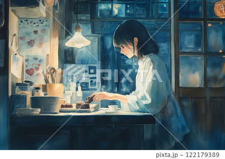 深夜のチョコ作りと切ない恋心を描いた水彩画イラスト 深夜のチョコ作りと切ない恋心を描いた水彩画イラスト 122179389