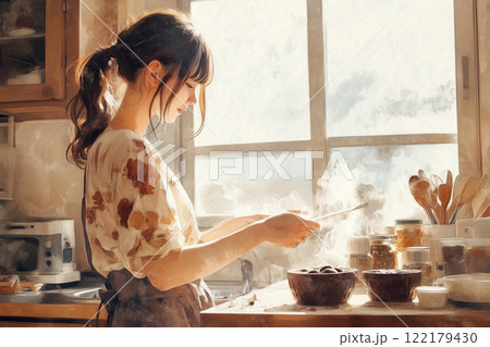 水彩画で描くバレンタインチョコ作り｜日本人女性と甘い恋のひとコマ 122179430