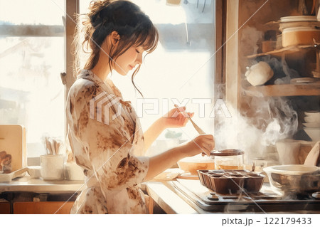 水彩画で描くバレンタインチョコ作り｜日本人女性と甘い恋のひとコマ 122179433